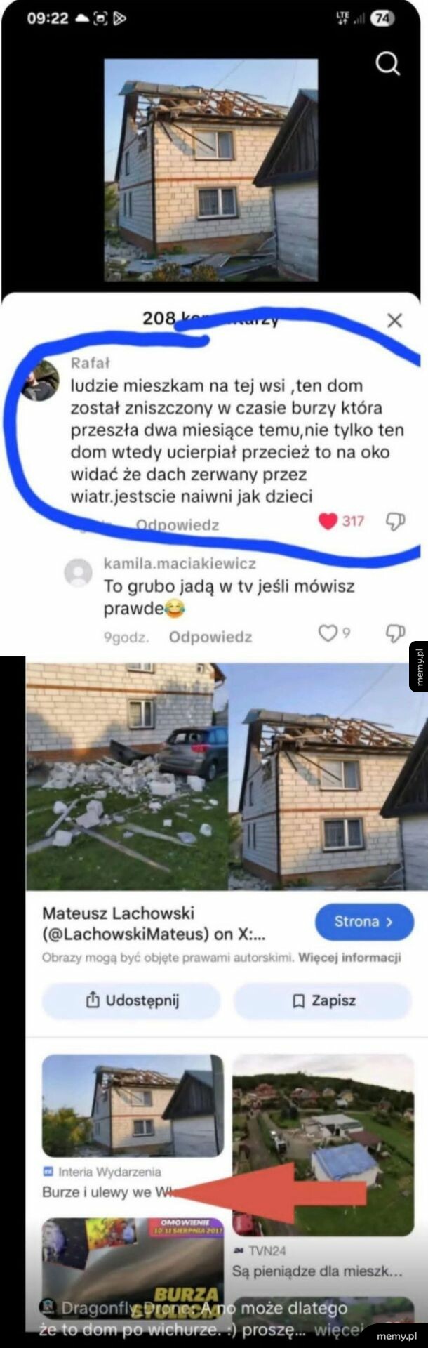 Zrzut ekranu z komentarzem o zniszczonym przez burzę domu i wynikach wyszukiwania