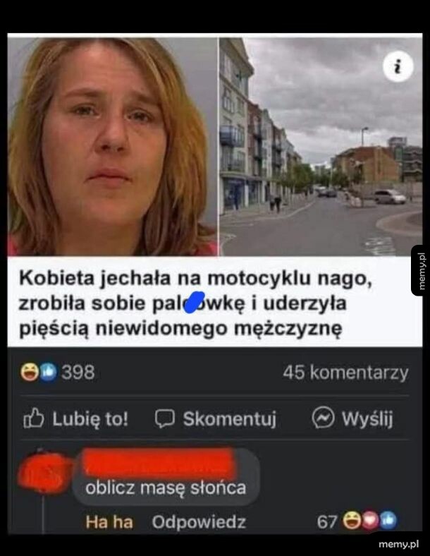 Mem z wiadomością o nagiej motocyklistce i absurdalnym komentarzem.