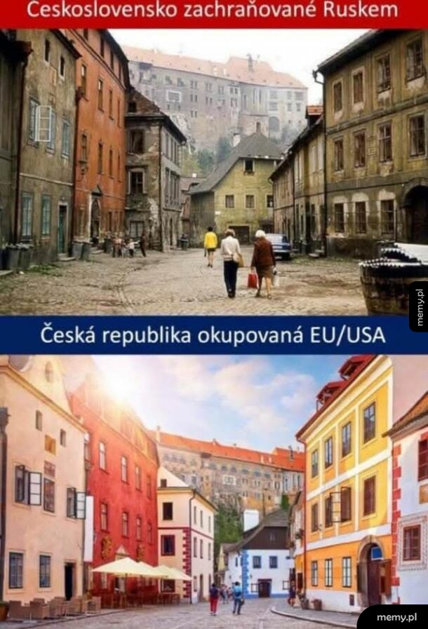 Porównanie czeskiego miasteczka za czasów bloku wschodniego i współcześnie.