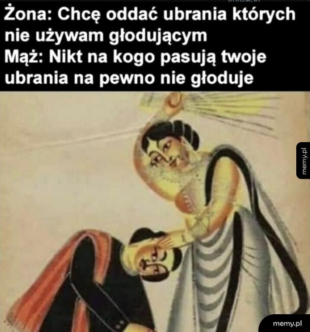 Mężczyzna siedzący i kobieta trzymająca nad nim miotełkę z napisami u góry.