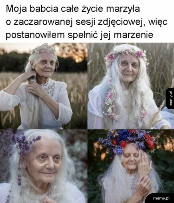 Cztery zdjęcia starszej kobiety z białymi włosami w eterycznej, baśniowej stylizacji w plenerze.
