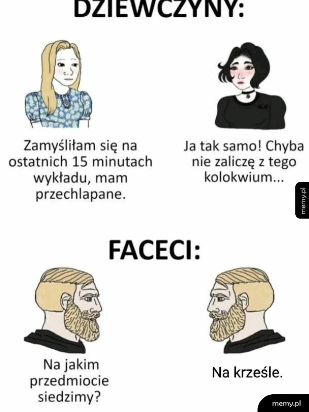 Mem porównujący reakcje dziewczyn i facetów podczas wykładu na uczelni.