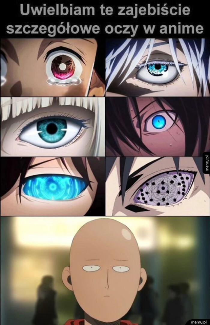 Porównanie szczegółowych oczu postacio z anime oraz prostej twarzy Saitamy.