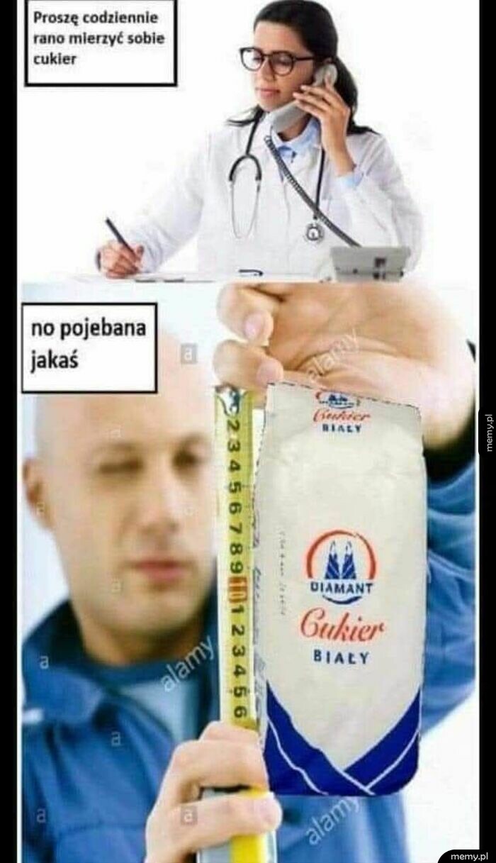 Lekarka rozmawiająca przez telefon i mężczyzna mierzący miarką cukier.