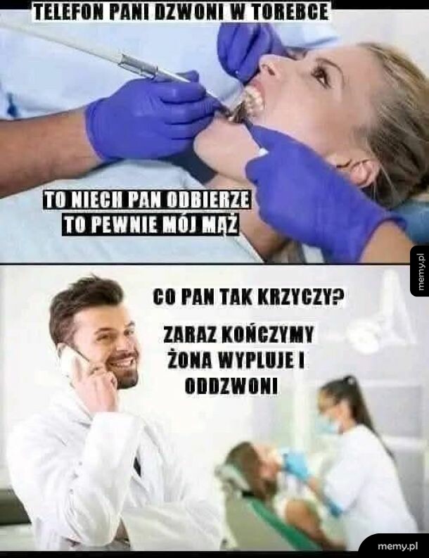 Pacjentka u dentysty i stomatolog rozmawiający przez telefon jej męża.