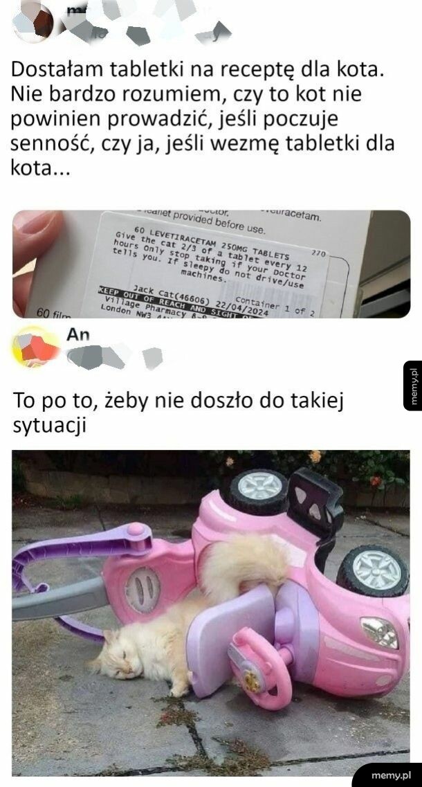 Zdjęcie kota śpiącego obok przewróconego, różowego dziecięcego autka i zbliżenie na etykietę leku.