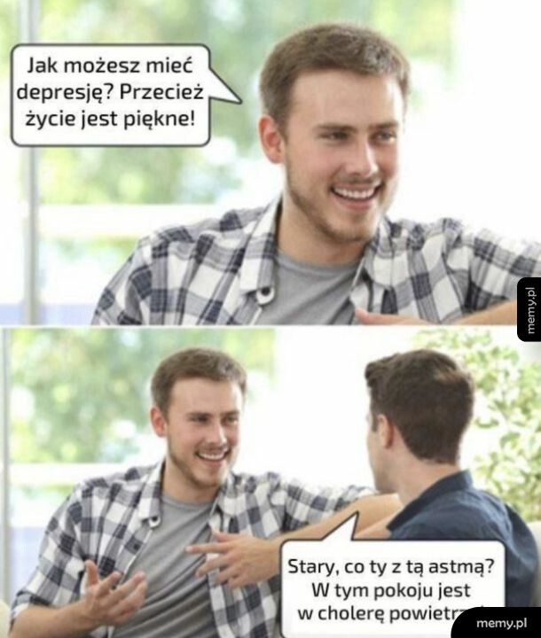 Mężczyzna w koszuli w kratę rozmawia z kimś o depresji i astmie.
