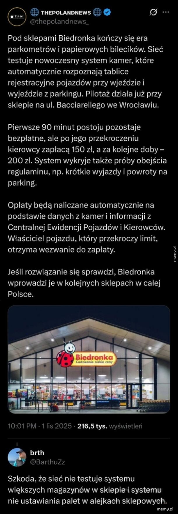 Zrzut ekranu z Twittera z informacją o nowych kamerach na parkingach Biedronki.