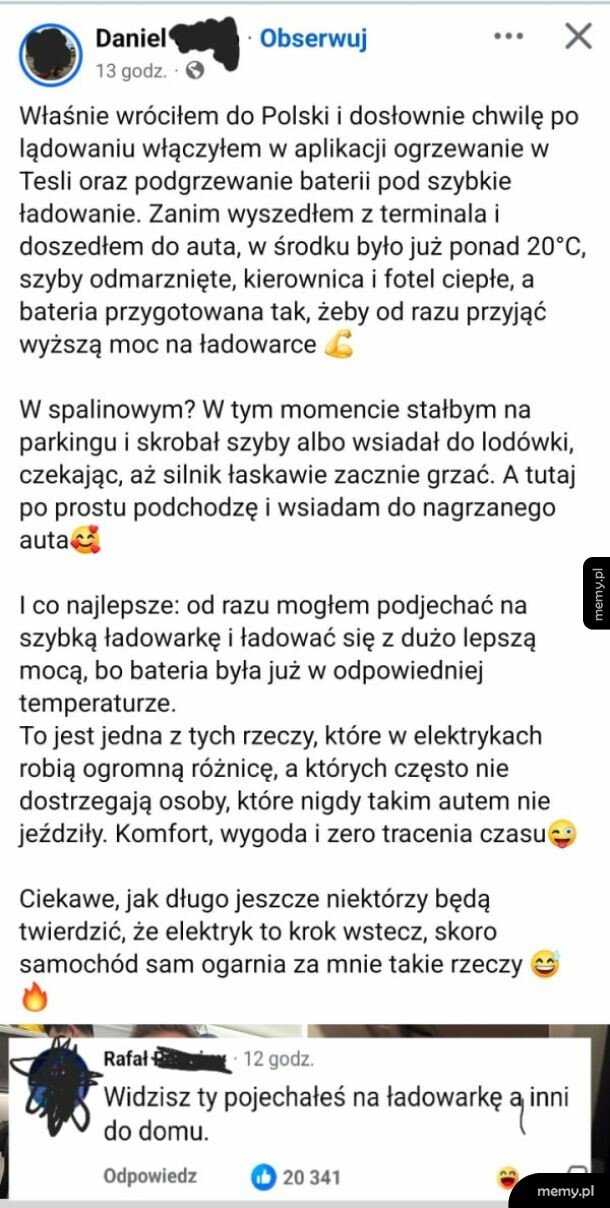 Zrzut ekranu posta z Tesli i komentarza na Facebooku.