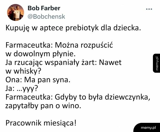 Zrzut ekranu z wpisu na Twitterze użytkownika Bob Farber o rozmowie w aptece.