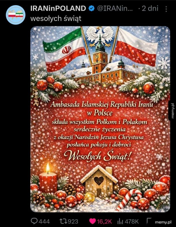 Kartka świąteczna od Ambasady Iranu w Polsce z życzeniami i flagami obu krajów.