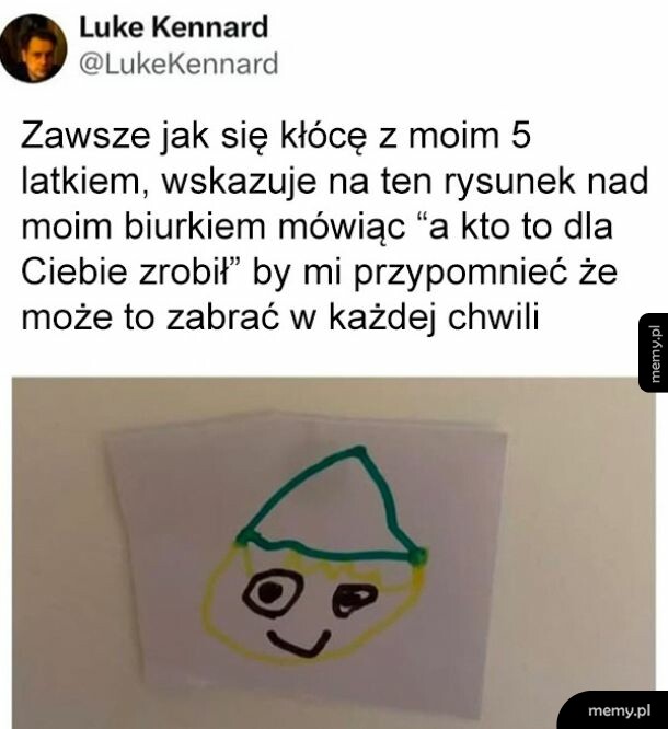 Tweet użytkownika i zdjęcie dziecięcego rysunku twarzy w zielonej czapce.