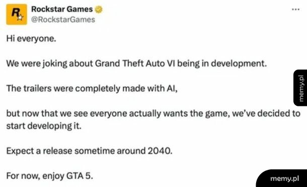 Zartobliwy tweet od Rockstar Games dotyczący opóźnienia GTA VI