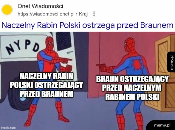 Mec ze Spidermanem wskazujacymi na siebie nawzajem