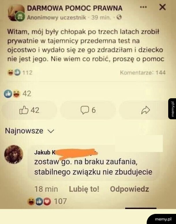 Zrzut ekranu z Facebooka z wpisem o teście na ojcostwo i zabawnym komentarzem.