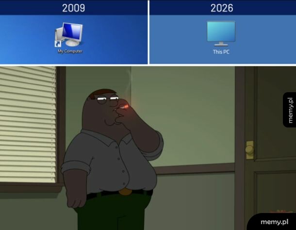 Porównanie ikon Mój Komputer z 2009 i 2026 roku oraz palący Peter Griffin.