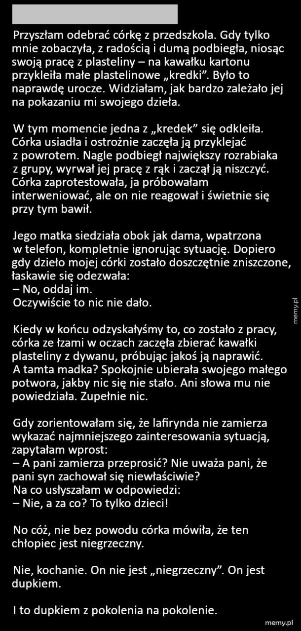 Tekst na czarnym tle opowiadający o sytuacji w przedszkolu i bezczelnym zachowaniu dziecka.