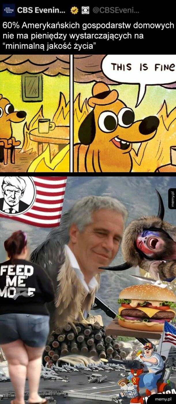 Mem z psem w ogniu oraz kolaż o sytuacji w USA.
