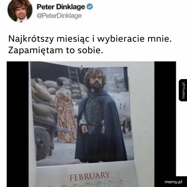 Mądrzejący tweet Petera Dinklage'a z kalendarzem na luty.