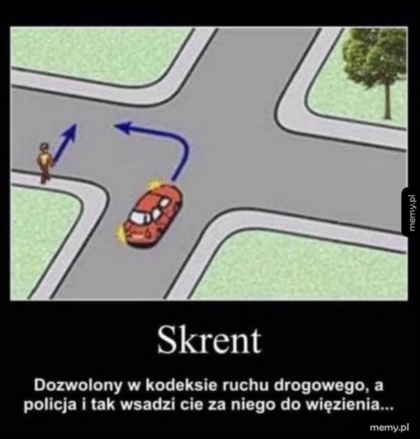 Rysunek przedstawiający skręt samochodu na skrzyżowaniu w kształcie skręta marihuany.
