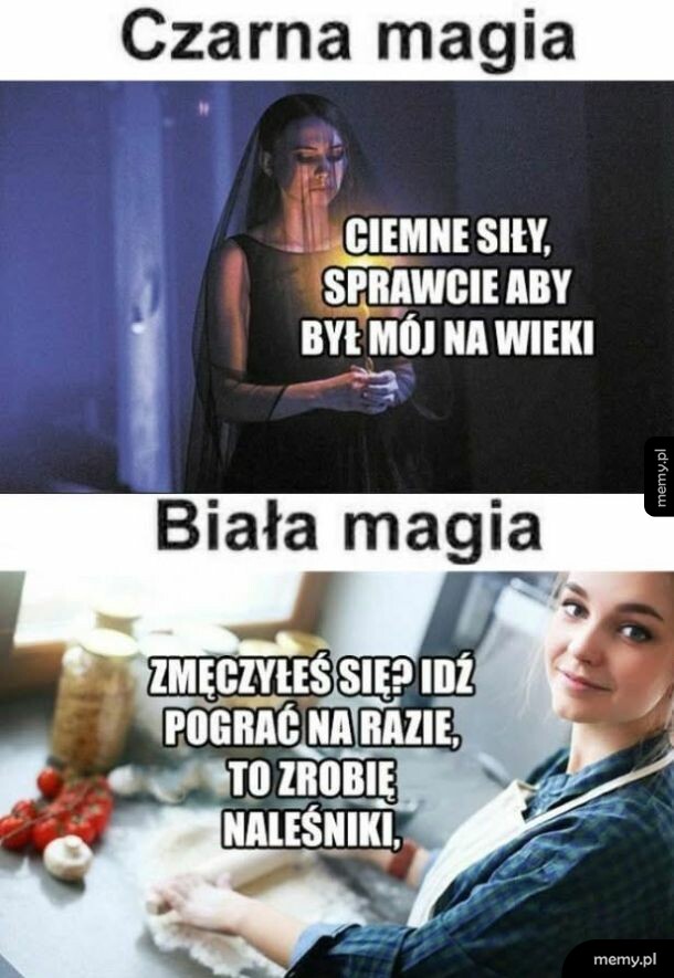 Mem porównujący czarną magię z białą magią na dwóch obrazkach z kobietami.