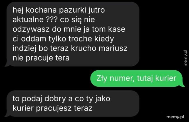 Zrzut ekranu z wiadomościami SMS, w którym dochodzi do pomyłki numeru z kurierem.