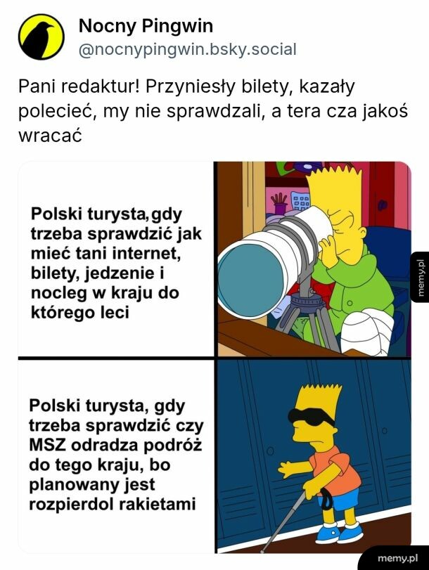 Mem z Bartem Simpsonem porównujący podejście polskiego turysty do planowania podróży i ostrzeżeń MSZ.