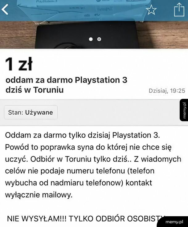 Zrzut ekranu ogłoszenia sprzedaży PlayStation 3 za 1 zł w Toruniu