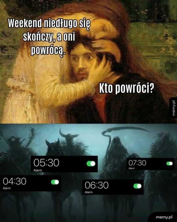 Mem z obrazem olejnym i budzikami w tle z Czterema Jeźdźcami Apokalipsy