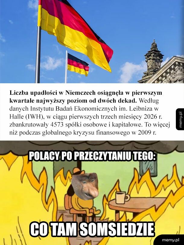 Niemiecka flaga i artykuł o upadłościach oraz meme z nosaczem w płonącym pokoju.