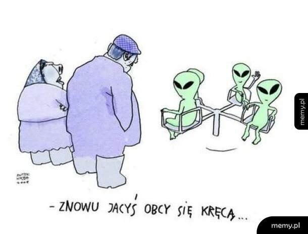 Rysunek przedstawiający starszą parę obserwującą kosmitów na karuzeli.