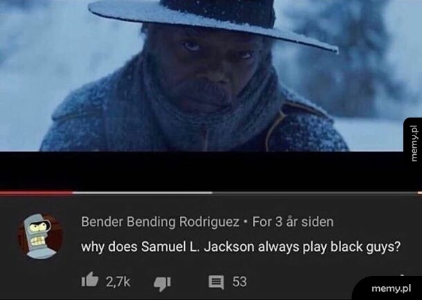 Mężczyzna w kapeluszu na śniegu i komentarz z YouTube o Samuelu L. Jacksonie.