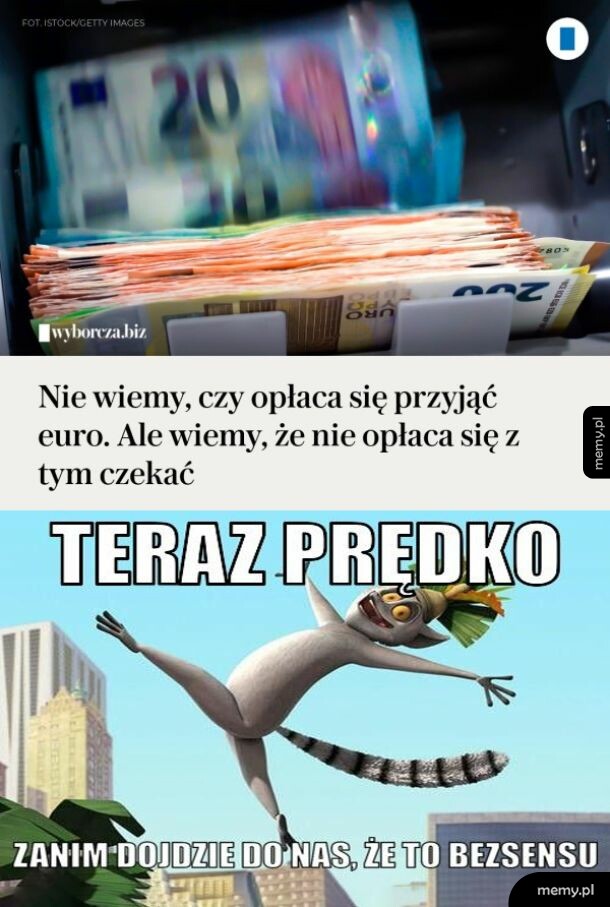 Banknoty euro w liczbarce oraz lecący lemur król Julian z Madagaskaru.