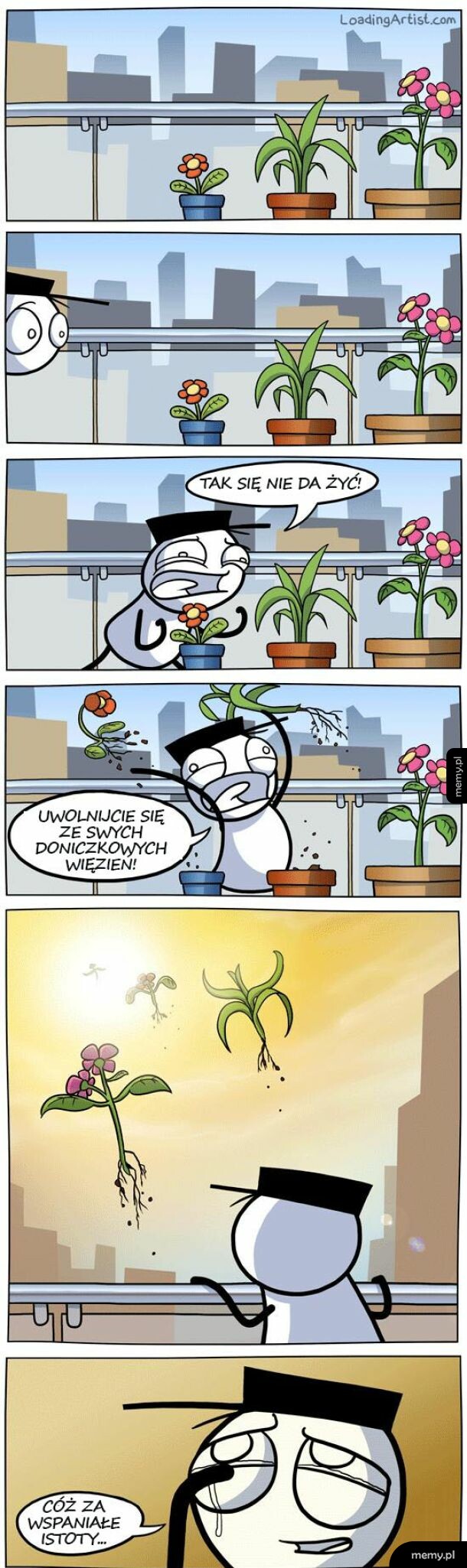 Komiks: postać wyrzuca kwiaty z doniczek przez balkon, myśląc, że daje im wolność.