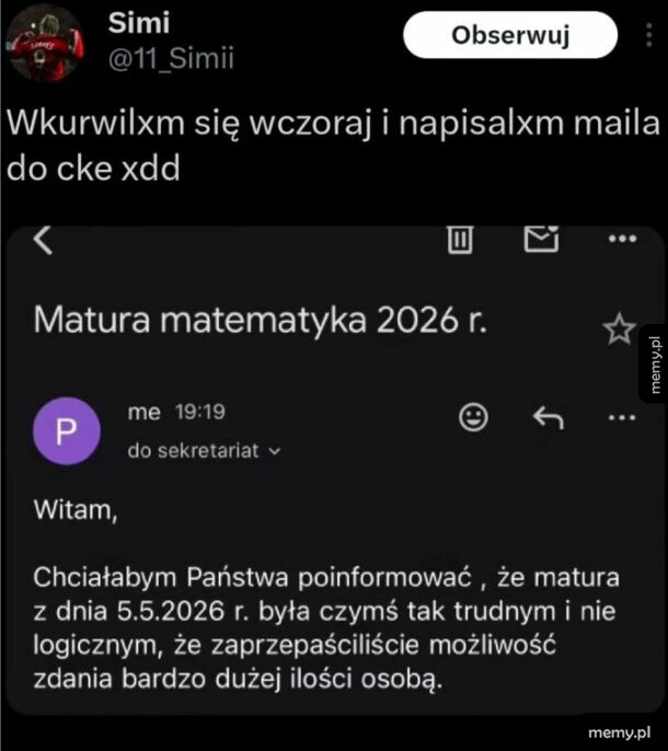 Zrzut ekranu z wpisu na Twitterze z treścią maila do CKE w sprawie trudnej matury z matematyki.