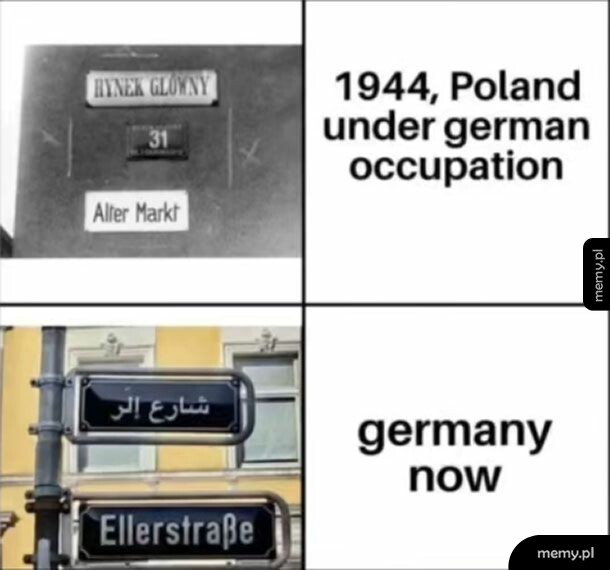 Porównanie dwujęzycznych tablic ulic z Polski pod okupacją i współczesnych Niemiec.
