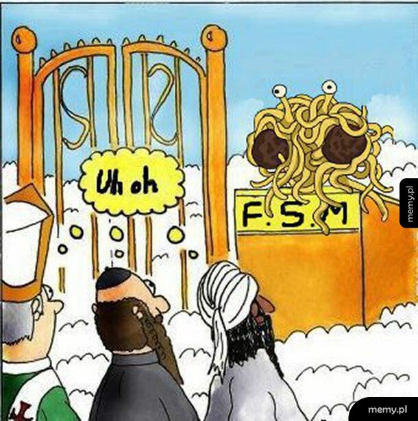 Bramy nieba i Latający Potwór Spaghetti patrzący na duchownych różnych religii.