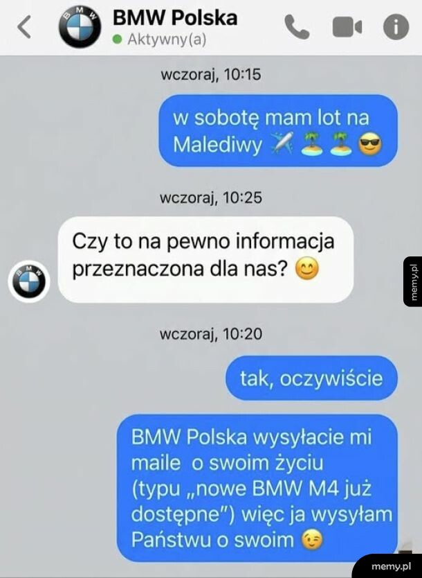 Zrzut ekranu przedstawiający humorystyczną konwersację z BMW Polska w aplikacji messenger.