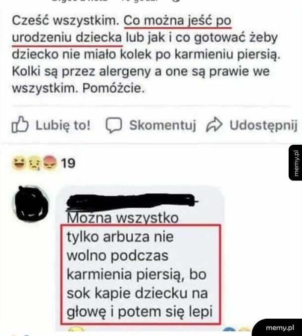 Zrzut ekranu z postu na Facebooku z pytaniem o dietę matki karmiącej i zabawną odpowiedzią.