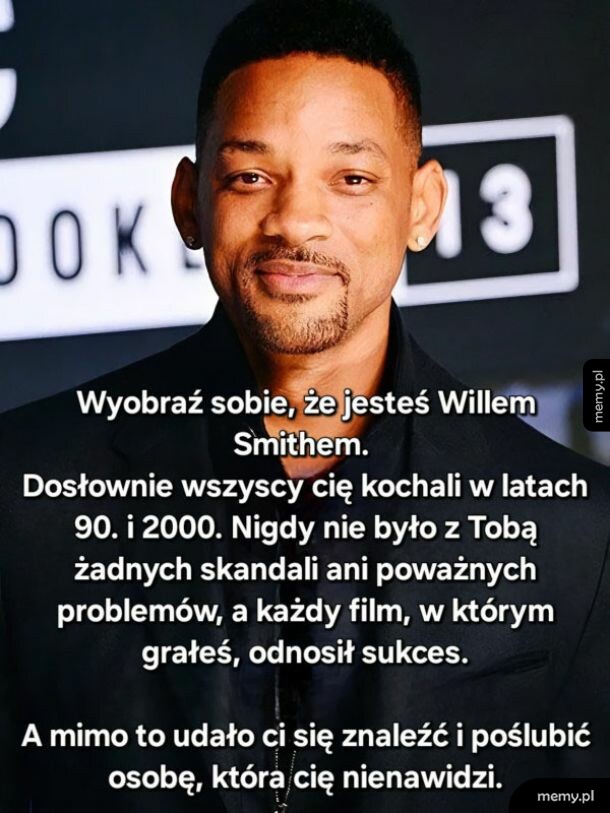 Zdjęcie Willa Smitha z tekstem o jego życiu i małżeństwie.