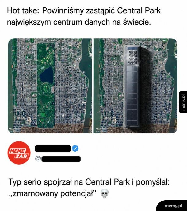 Porównanie Central Parku z wizualizacją centrum danych w jego miejscu oraz komentarz o zmarnowanym potencjale