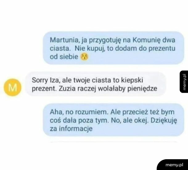 Zrzut ekranu przedstawiający konwersację tekstową na temat prezentu na Komunię.