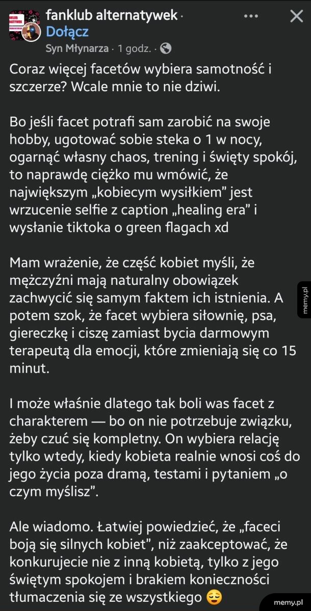 Zrzut ekranu z postu na Facebooku na temat samotności mężczyzn i świętego spokoju.