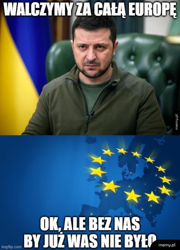 Mem z Wołodymyrem Zełenskim i flagą Unii Europejskiej
