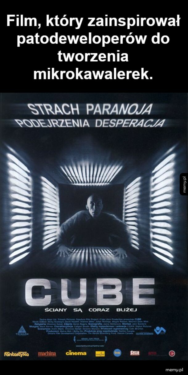 Plakat filmu Cube z napisem o patodeweloperach