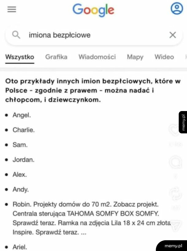 Zrzut ekranu z wyszukiwarki Google z zapytaniem o imiona bezpłciowe.