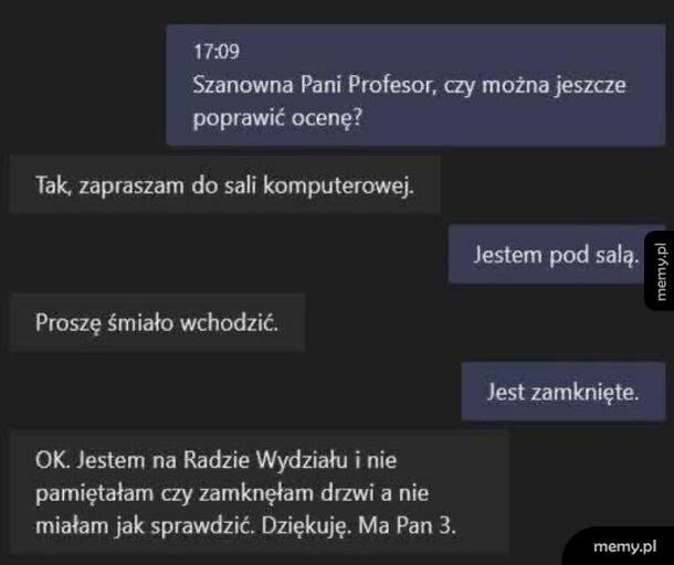 Zrzut ekranu przedstawiający rozmowę tekstową między uczniem a profesorem.