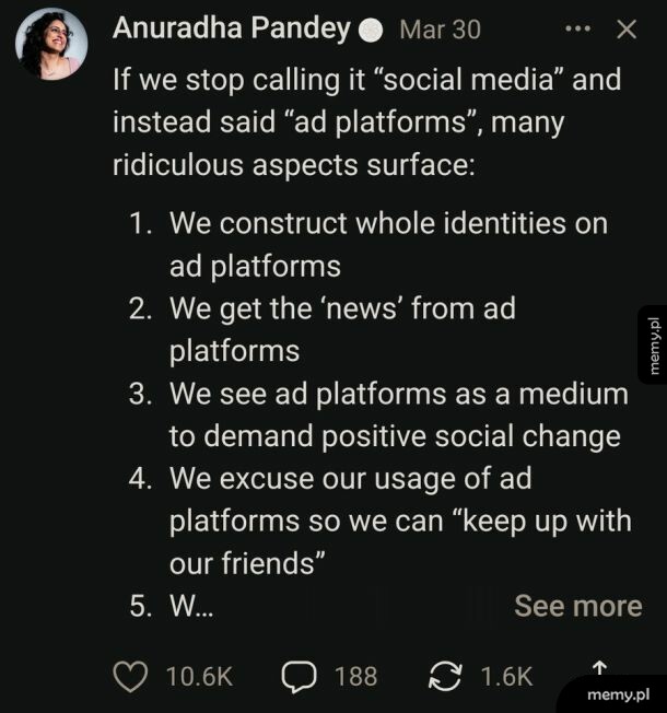 Zrzut ekranu wpisu z portalu X (Twitter) autorki Anuradha Pandey o platformach reklamowych.