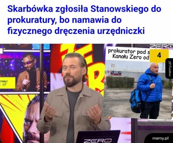Krzysztof Stanowski w studiu Kanału Zero z grafiką nawiązującą do prokuratury.