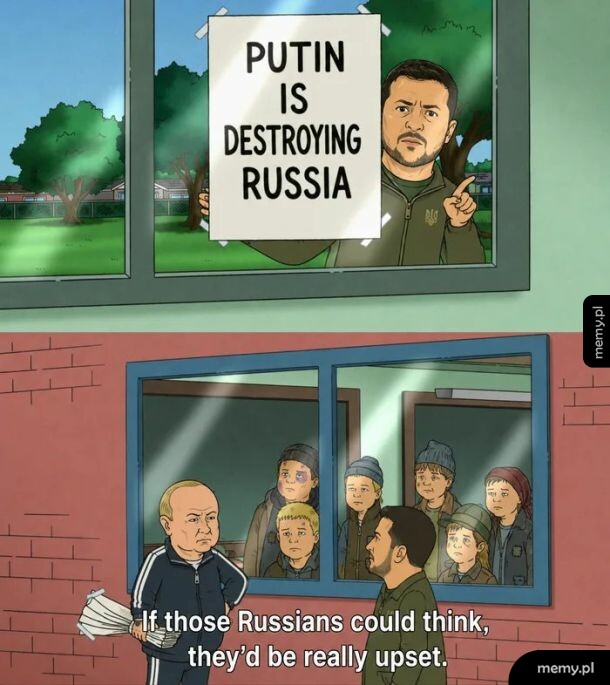 Mem z Zełenskim i Putinem nawiązujący do serialu Król Stulejki.